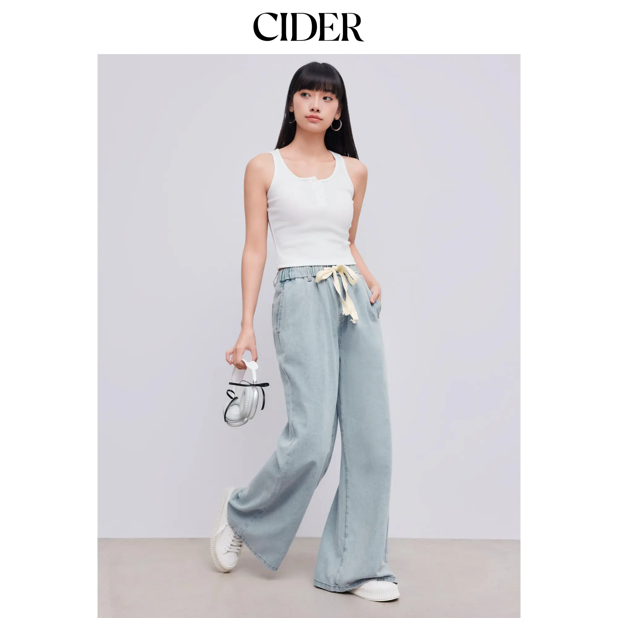 Cider [size XXS Petite-XL Petite] Petite Denim High Waist Solid Tie Front Wide Leg Trousers