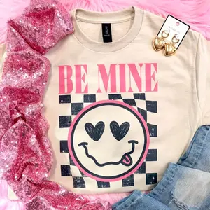 Be Mine Valentine Tee - Pink Heart Smiley Face Design on Checkerboard Background for Valentine's Day