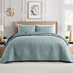 Ultrasonic Set Bedspreads 3-Piece Bedding Set Pre-Washed Microfiber Soft Lightweight Flower Coverlet Set for All Season, Queen Aqua