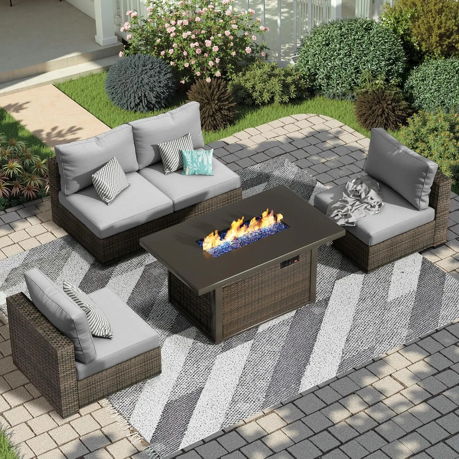 5 Pieces Patio Furniture Set with 44" Fire Pit Table,Rattan Outdoor Sectional Conversation Sets,All Weather Outdoor Furniture Set with Cushions for Garden Lawn Balcony Porch Deck homeessentials