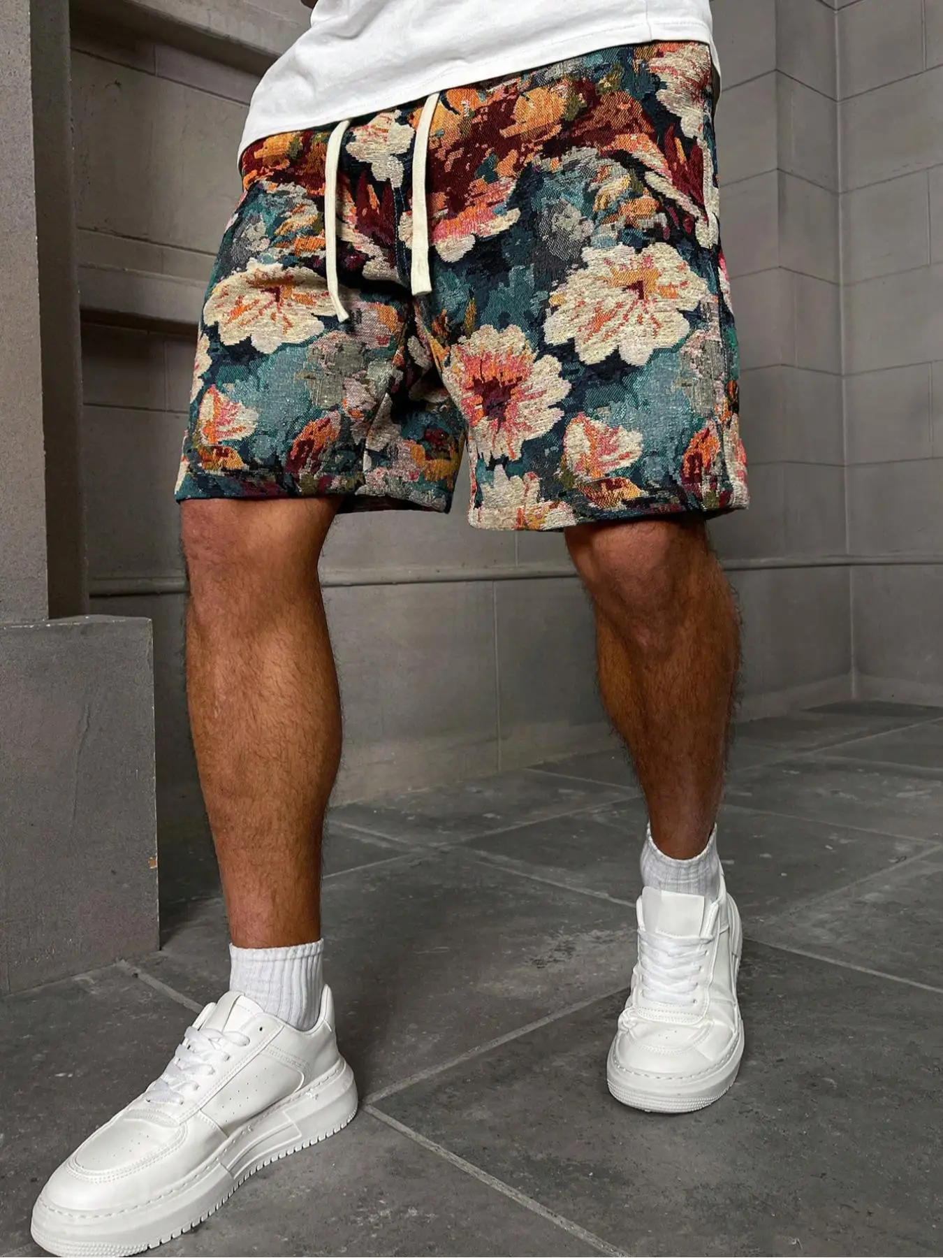 【Please Purchase A Size Up】Men's Floral Jacquard Drawstring Waist Shorts, Regular Fit Casual Comfy Fashion Pocket Shorts for Daily Outdoor Wear, Men B