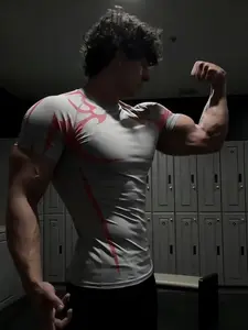 Men's Fashion Sporty Asymmetrical Striped Full Body Mesh Print Unique Design Athletic Fit Compression Short Sleeve Sports Quick-Dry T-Shirt Athletic Compression Shirts Gym Tees