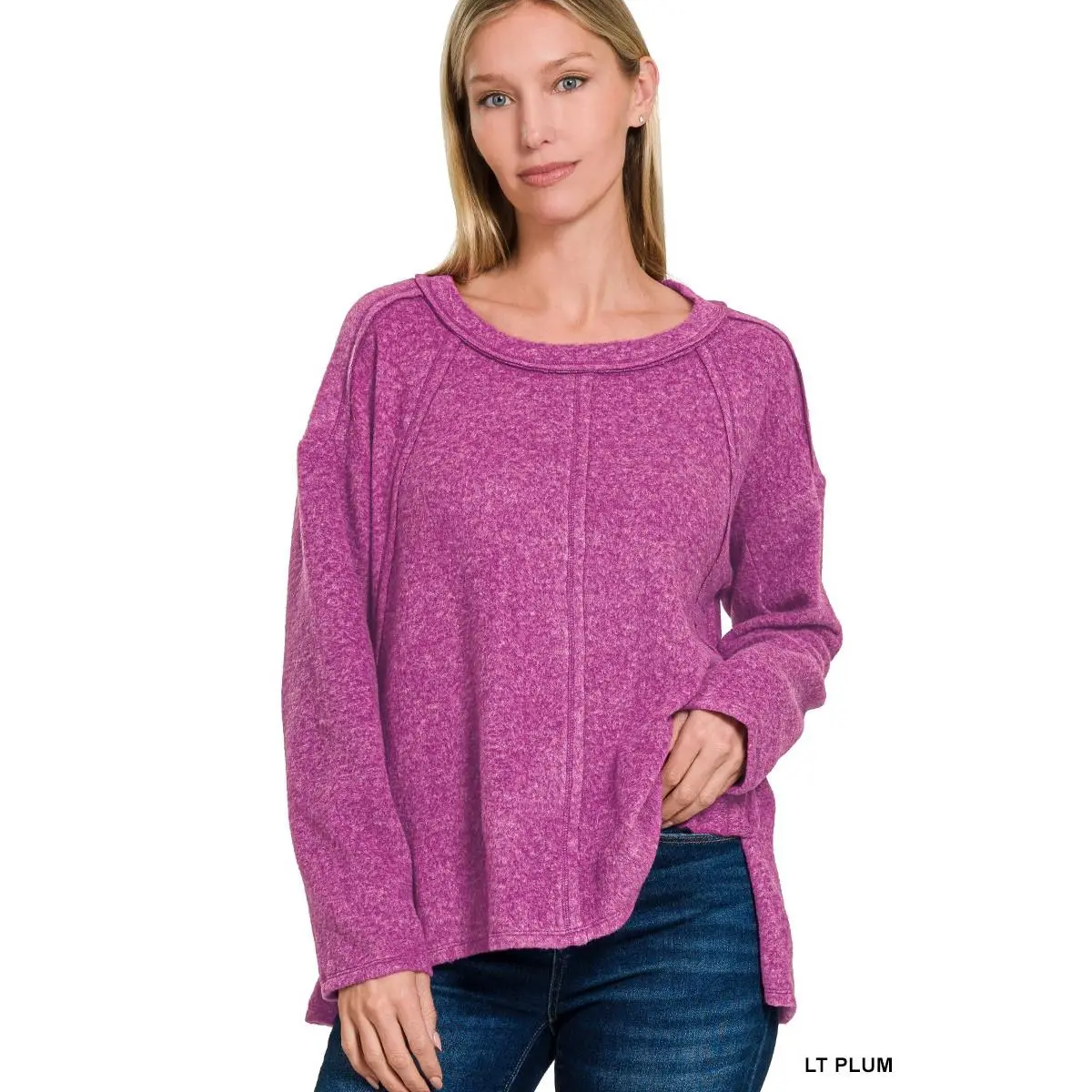 Zenana Brushed Hacci Exposed Seam Hi Low Sweater