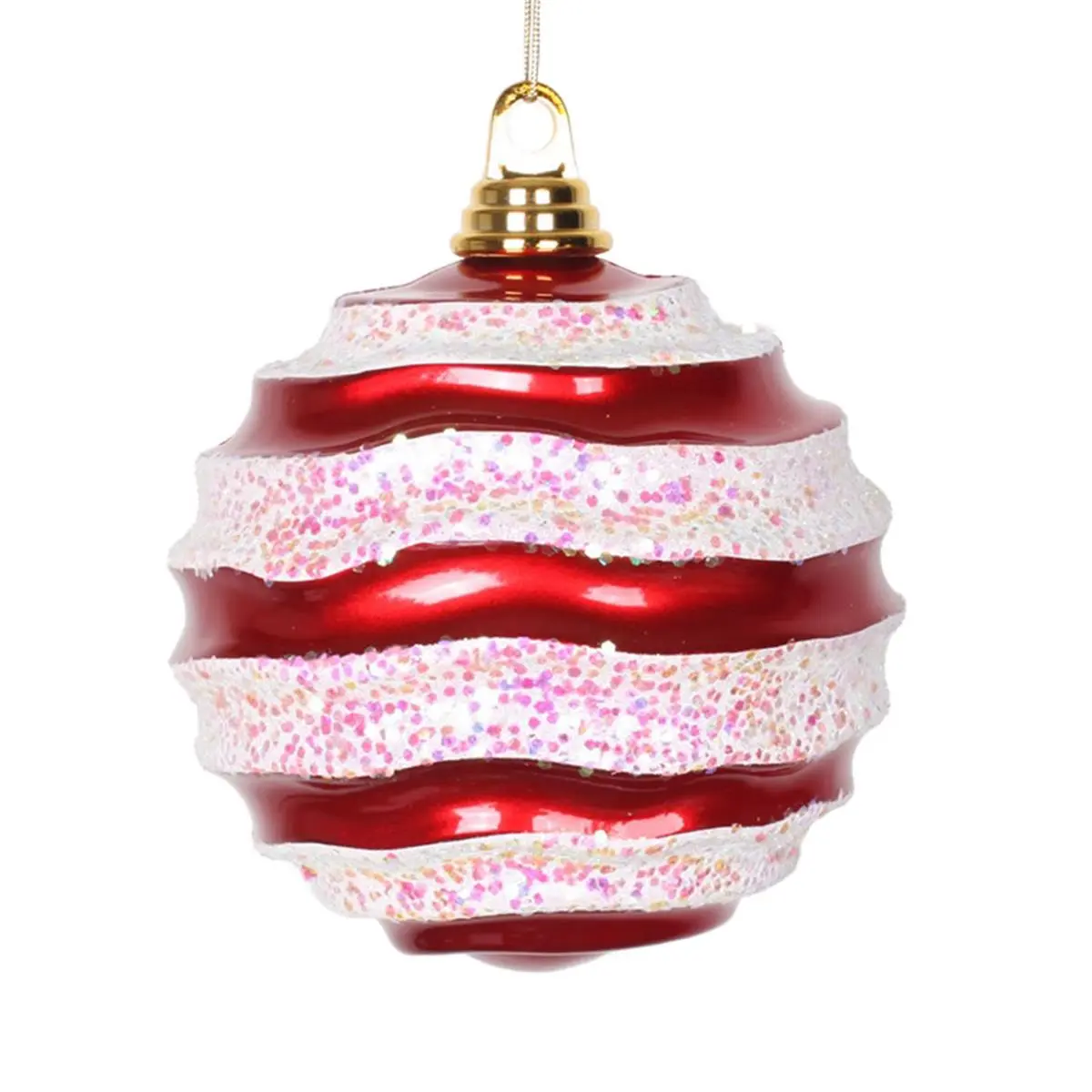 212 MAIN 6 in. Plastic Ball-Shape Red White Candy Glitter Wave Ornament - Christmas Candy Theme Festive Home Decoration Supplies