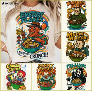 TikTok Shop Funny Halloween Graphic T-Shirt Horror Character Tee Retro Horror Shirt Horror Cereal Shirt Halloween Movie Top Womenswear Check Sleeves Solid Tshirt Streetwear Summer