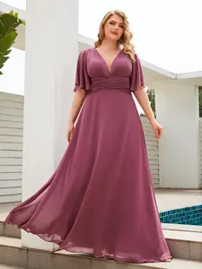 Elegant V-Neck Flare Sleeve Waist Cinched Long Dress, Pure Color Chiffon Bridesmaid Gown, Flowy A-Line Party Dress