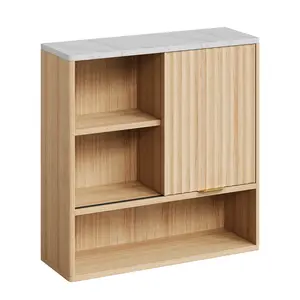 Fluted Bathroom Wall Cabinet with Sliding Door & Adjustable Shelf, Modern Medicine Cabinet with Sliding Door and Open Storage Space, Storage Cabinet Wall Mounted for Kitchen, Dining Room, Living Room