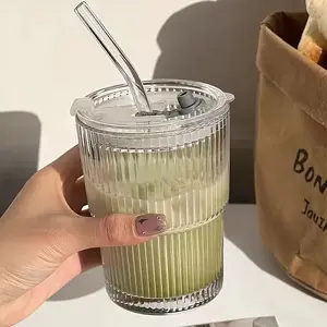 Transparent Reusable Glass Cup Set with Lid & Straw, Dishwasher Safe, Perfect for Iced Tea, Juice, Water, Milk Tea, Smoothies, Glass Drinking Cup, Stylish Drinkware, Drinking Glassware, Drinkware