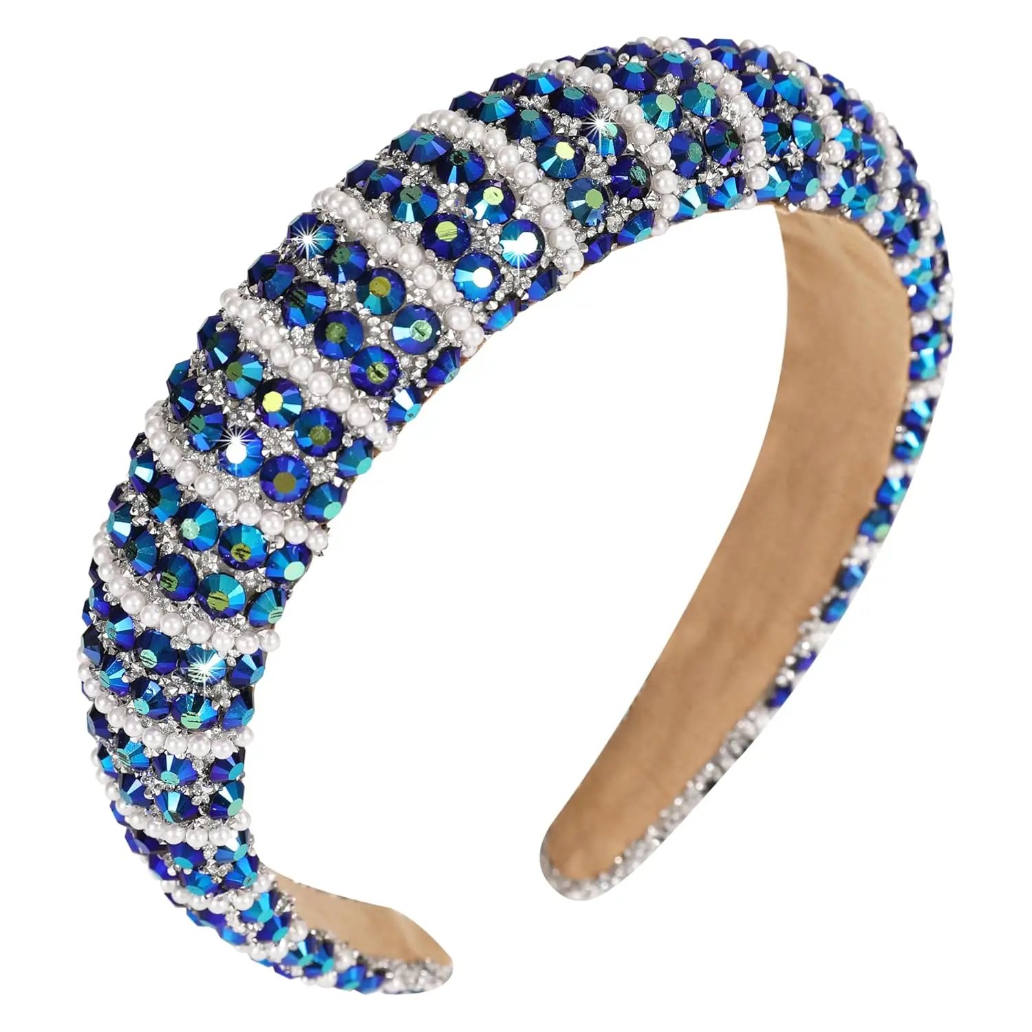Royal Blue Rhinestone Headband for Women Girls Bling Jeweled Headband Fashion Thick Padded Hairband for Birthday Disco Ball Holiday Glitter Hair Accessories