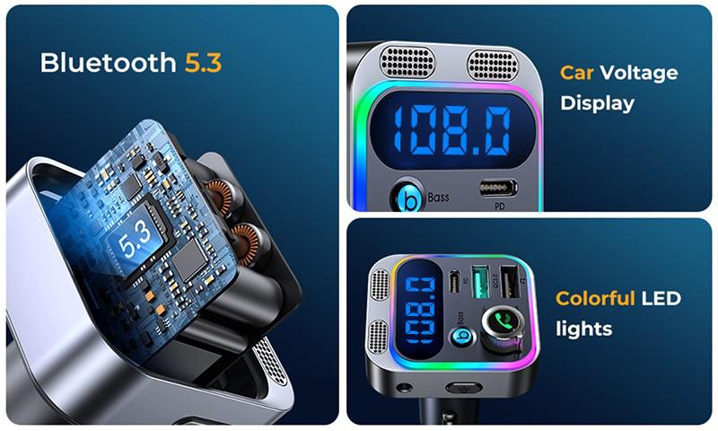 Multifunctional car FM transmitter with ambient light, BASS hands-free car MP3 player, wireless Bluetooth car charger with Type C and dual USB ports