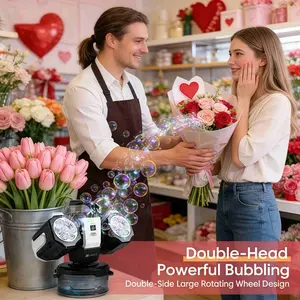 Automatic Dual Head Bubble Machine, Remote Control Rechargeable, RGB Atmosphere Light, 360° Rotating, Gift for Weddings Parties Outdoor