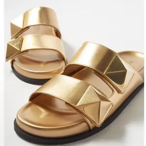 Valentino Garavani Leather Slides Rockstud Gold Size 38
