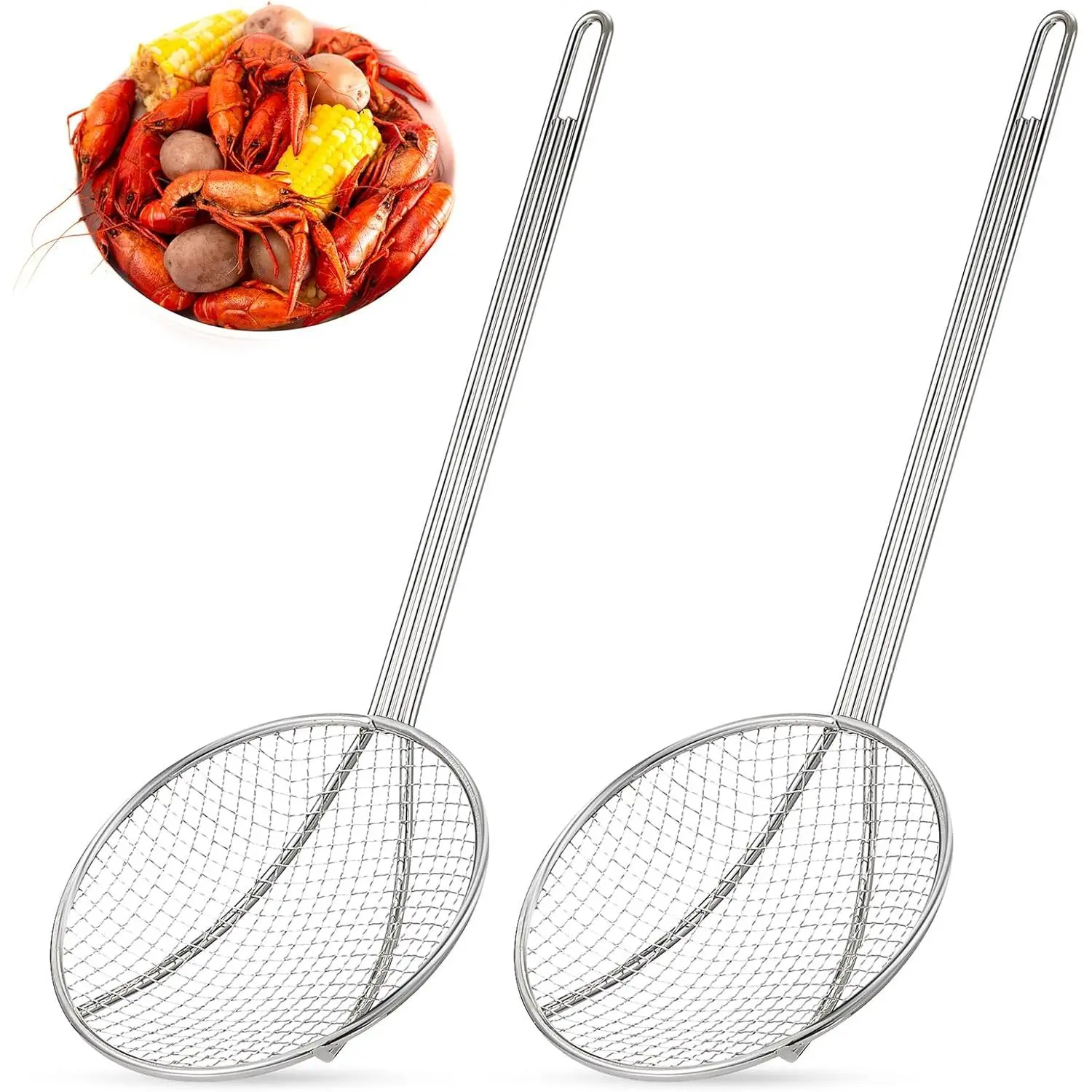 2-Pack 16-In Stainless Steel Skimmer, Round Plated Wire Strainer Fryer Spoon with Mesh & Long Handle, Kitchen Utensils for Pasta, Oil, Pot Straining & Frying