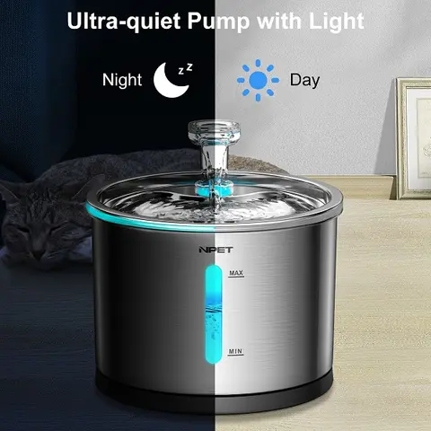 NPET 50oz Food-Grade Stainless Steel 1L Automatic LED Quiet Water Flowing Cat Water Fountain - Auto Feed, Hydration Boost, Cleaner Daily Sips, Durable & Safe Material, Filter Set & Power Supply for Indoor Cats