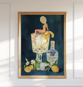 Lemon Vodka Seltzer Art Print: Refreshing Cocktail Wall Poster for Bar Cart & Kitchen Decor