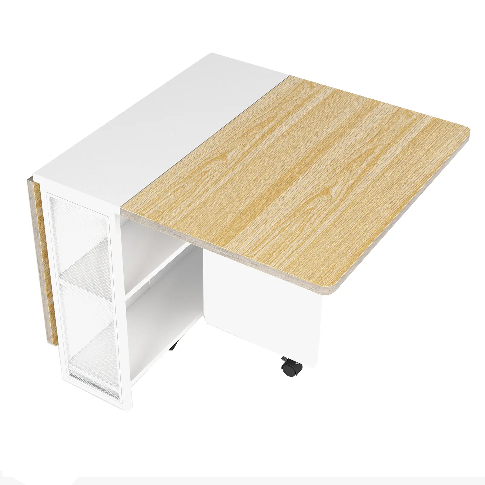 Rectangular Folding Expandable Dining Table Console - Light Brown Wood Grain Top, White Iron Base, 2-Tier Particle Board Shelves (30 lb per Shelf), Wheels, 50.1" x 31.4" x 29.5", Assembly Required, Portable Indoor Furniture Kit for Living Rooms