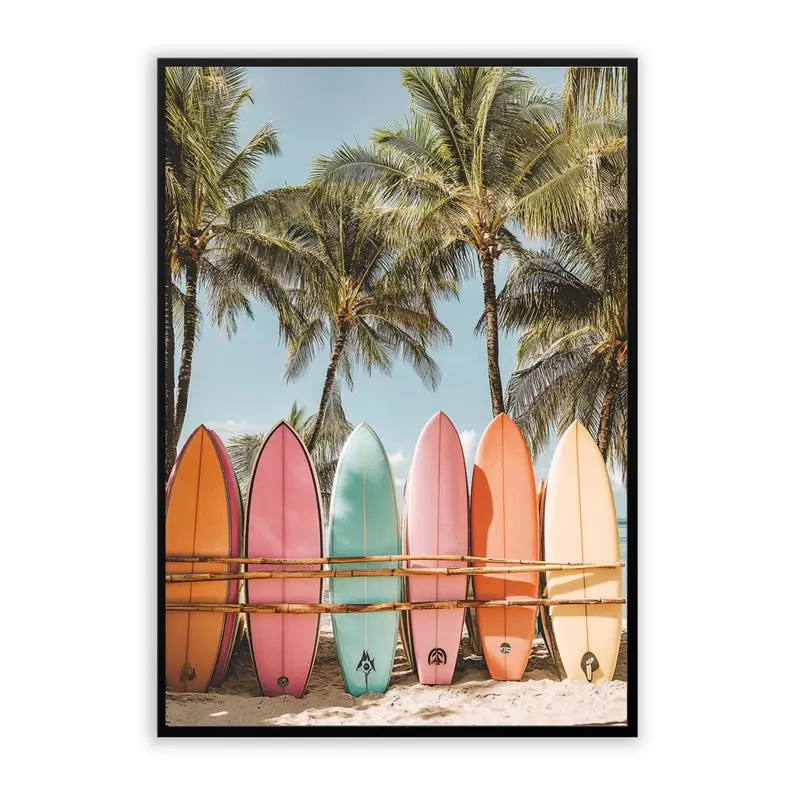 Retro Surfboard Poster, Tropical Beach Photography Wall Art, Coastal Living Room Decor, Summer Ocean Gift