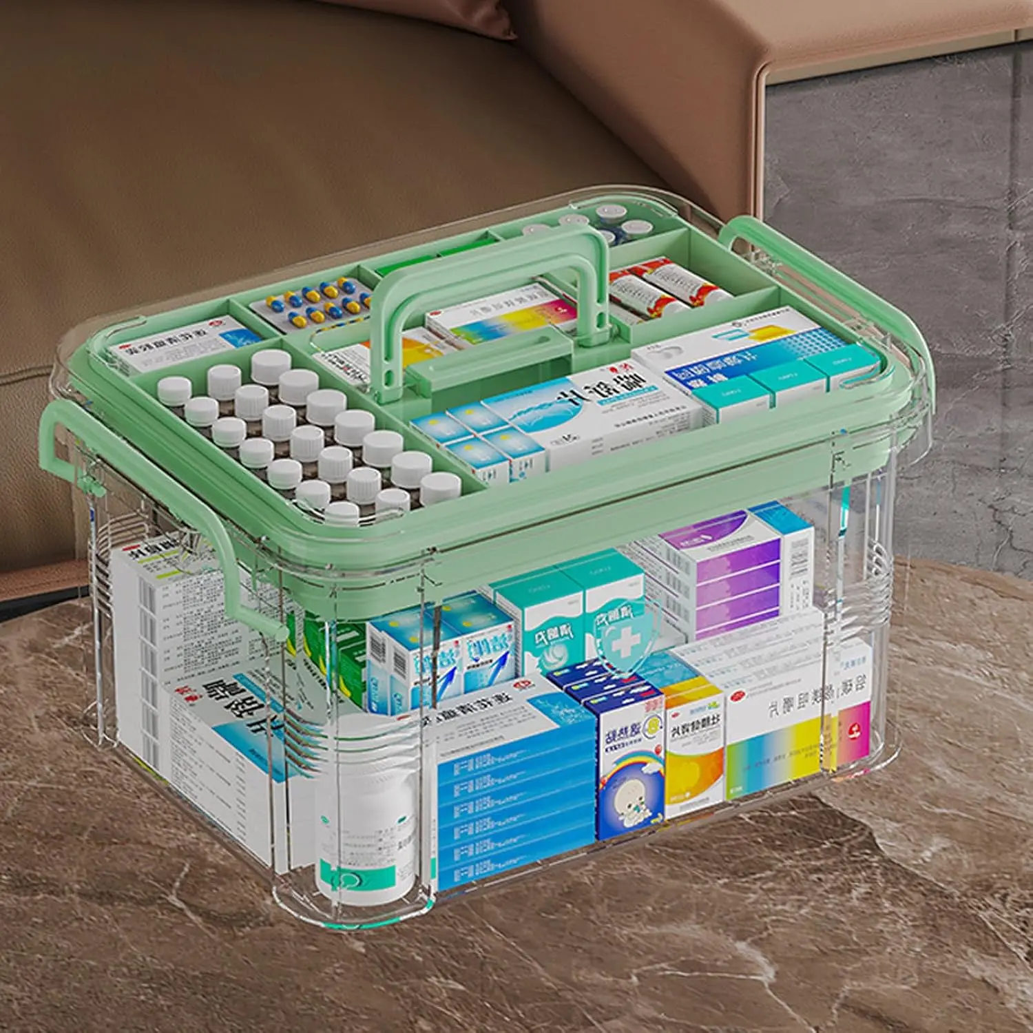 Clear Plastic Medicine Organizer with  Handle and Multiple Compartments for Easy Storage and Access