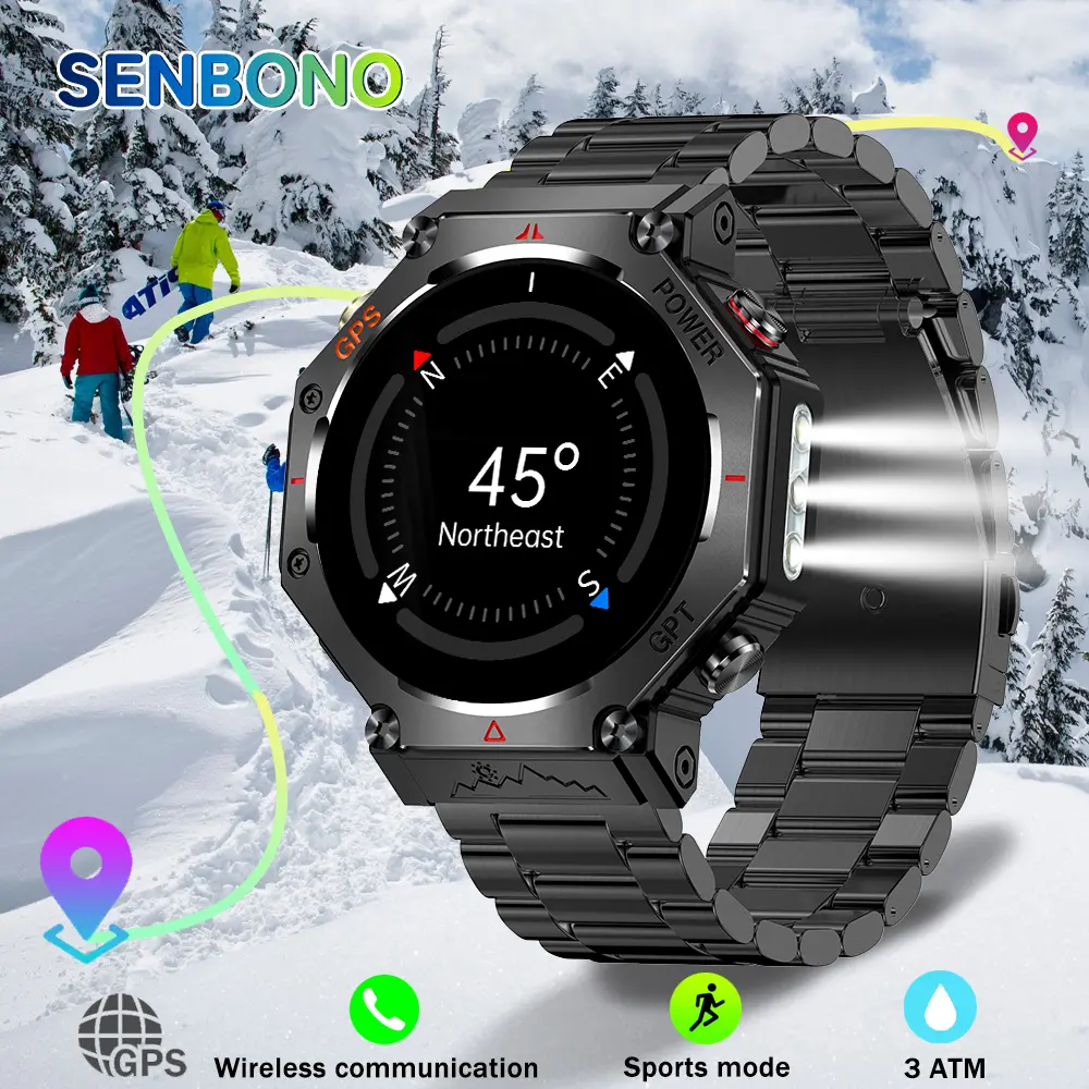 SENBONO Men's Stainless Steel Sporty Smartwatch - 1.39-in HD TFT Touchscreen, Alloy Body, Bluetooth, Dual OS Compatible, GPS, AI Watch Face, Wireless Phone Call, 530mAh Batteries, Magnetic Charging, Water-Resistant, Climbing & Multi-Sports Fitness Tracker