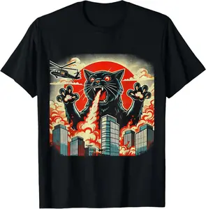 Casual Cotton shortsleeve funny graphic tees Catzilla Cat Japanese Art Funny Cat Gifts For Men Women  T-Shirt 0714D 818