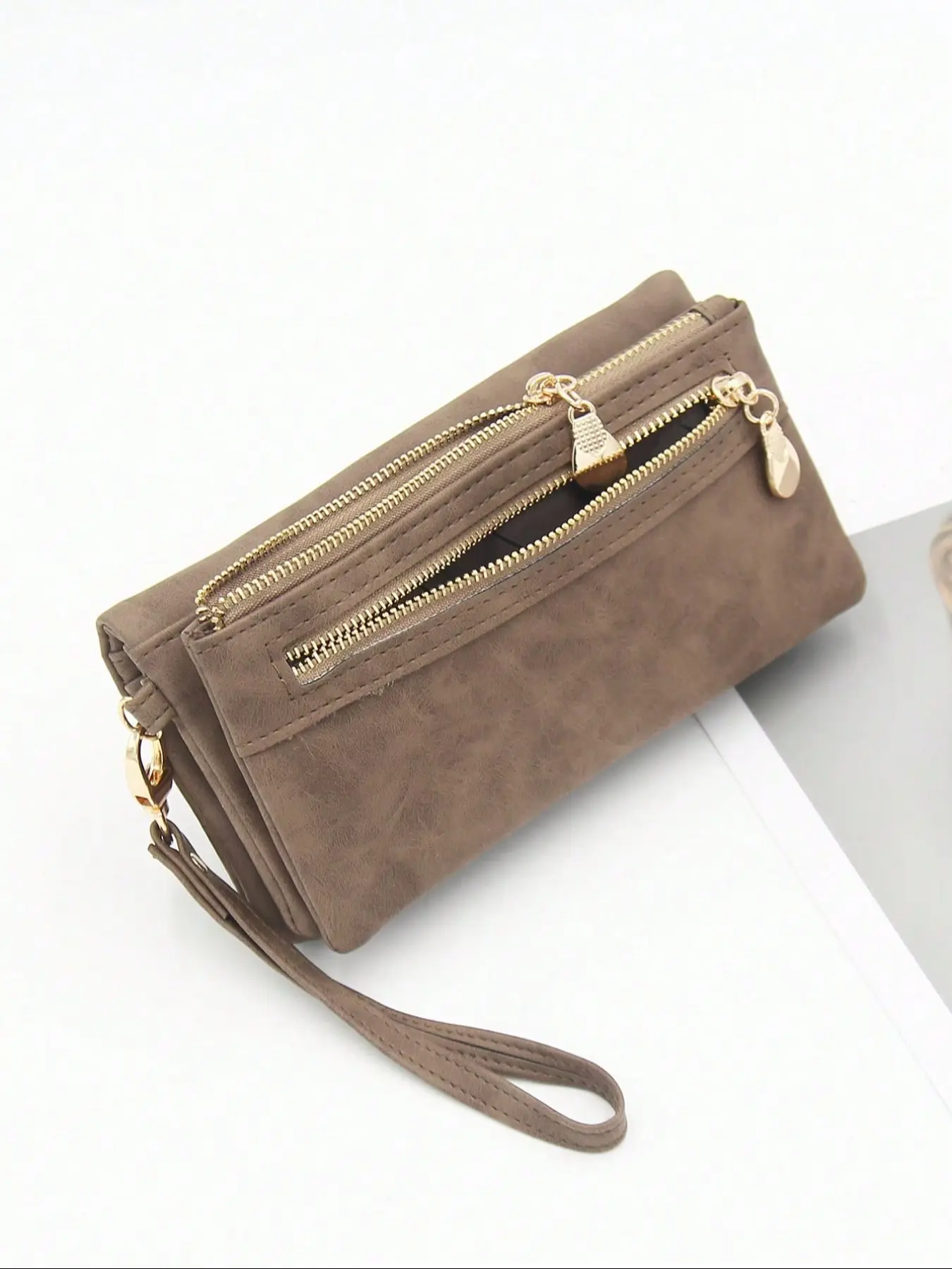 Handbag Vintage Frosted Double Zipper Folding Multi-Card Large Capacity Ladies Mobile Wallet Wrist Strap Daily Travel Storage Bag, Zip Wristlet, Versatile Purse, Casual Zipper Purse, Daily Use Purse