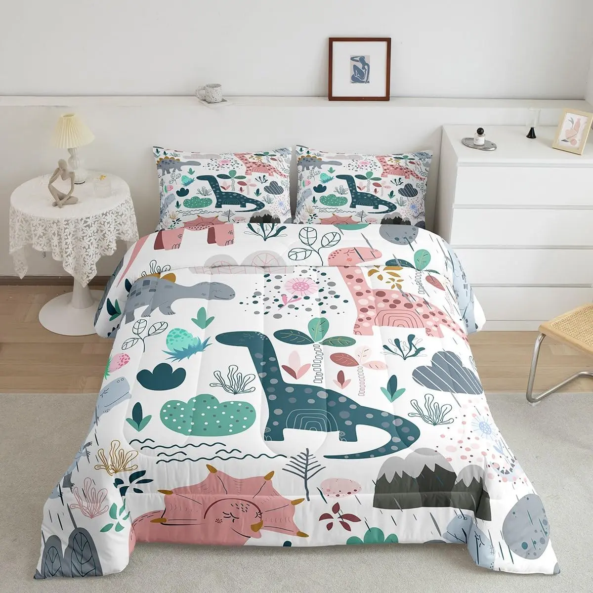 Feelyou Cute Dinosaur Animal Bedding Comforter Set - Multi-Sizes Twin/Full/Queen, Kawaii Cartoon Jungle Design, Baby Pink Light Green Duvets & Sets with Quilt Cover