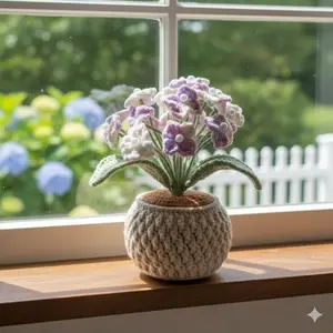 Crochet Hydrangeas Flowers in Pot, Lavender & white Colors, Floral Home Decoration