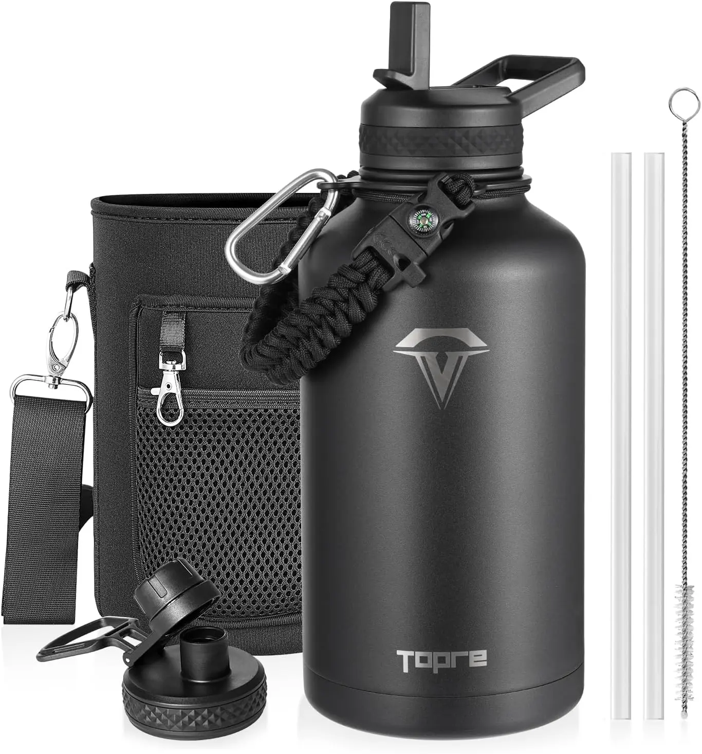 Topre 64Oz Insulated Water Bottle,Half Gallon Water Flask Stainless Steel Vacuum, Cold for 48 Hrs,Bpa-Free & Leakproof -With Paracord Handle,Strap,Straw Spout Lids,Large Jug for Gym Sports,Black