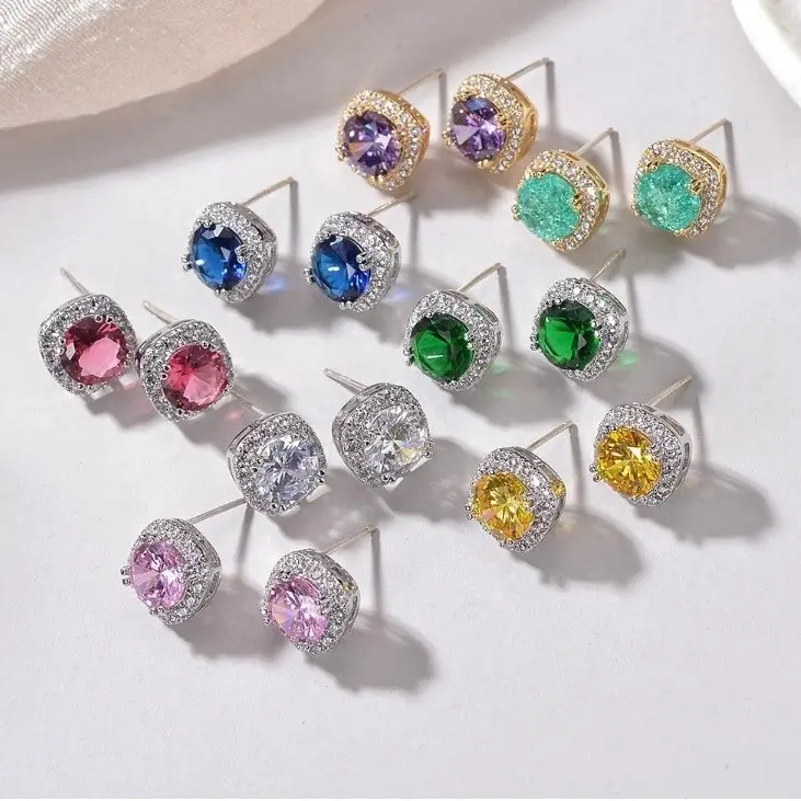 Vintage Crystal Square Emerald Amethyst Ruby Citrine Paraiba Earrings Square Sqpphire Earrings Rhinestone Square Earrings Blue Crystal Square Stud Earrings Blue Sapphire Stud Earrings for Women
