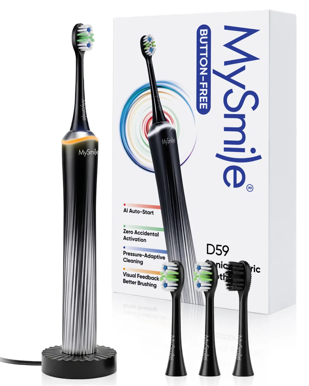 MySmile Sonic Electric Toothbrush for Adults, Daily Care, Pressure Sensor, Deep Cleaning Mode, Visual Light Ring, Cordless with Wireless Charger, 3 Brush Heads, Glacier Noir