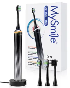 MySmile Advanced Pro Button-Free Sonic Electric Toothbrush with Pressure Sensor and Visual Light Ring, Rechargeable Travel Tooth Brushes for Adults, 3 Brush Heads Included, Glacier Noir
