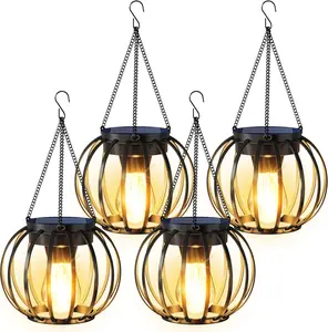 Solar Lanterns Outdoor  4 Pack, Upgraded Metal Hanging Solar Lights for Outside with Auto On/Off & Hook - Brighter Hanging Outdoor Lanterns Decorative Lighting for Garden Patio Yard