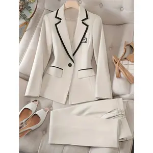 Elegant Contrast Trim Slim-Fit Two Piece Set, Single-Breasted Lapel Neck Blazer & Pants Outfits For Office & Work - Women's Clothing - For Professional Women - Perfect for Business Meetings & Office Wear - Ideal Gift for Her