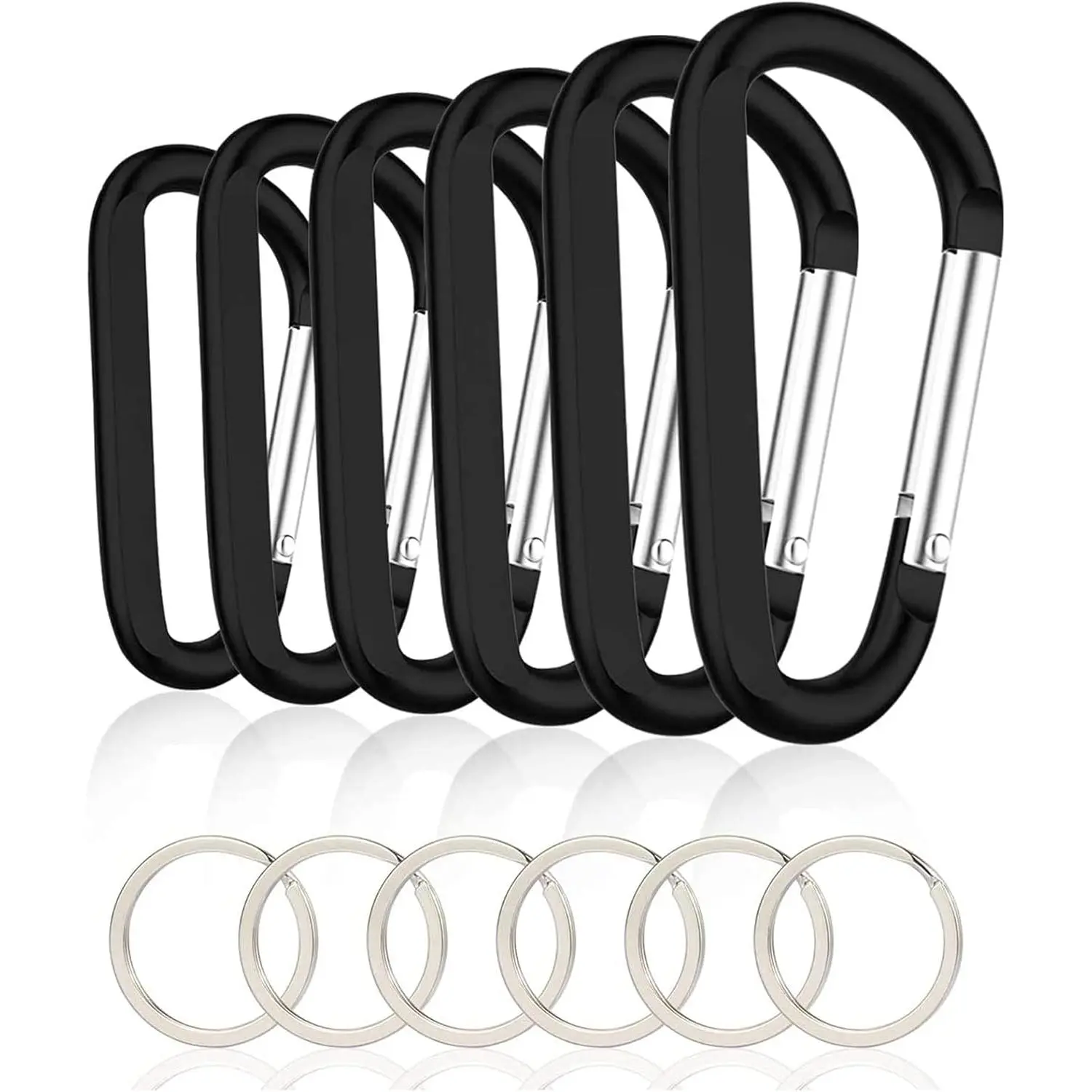 6PCS Black Carabiner Caribeaner Clip,3" Large Aluminum D Ring Shape Carabeaner with 6PCS Keyring Keychain Hook-