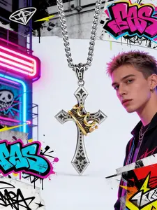 1-Pack Retro Gothic Cyberpunk Unisex Stainless Steel Two-Tone Gold & Silver Crown Cross Pendant Necklace | Grunge Cross Necklace, Viral Y2K Gothic Style, Tarnish-Free, Perfect for European Festivals & Street wear Fits