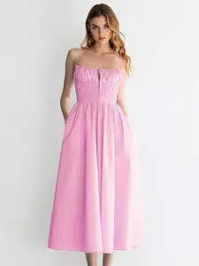 Women's Striped Print Tie Shoulder Ruched Dress, Casual Pocket Sleeveless Maxi Dress for Summer, Women's Clothing for Beach Holiday, Womenswear