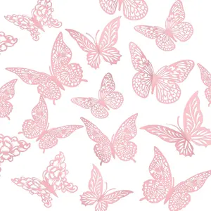 3D Pink Butterfly Wall Decor 3 Sizes 4 Styles Butterfly Party Decorations Cake Decorations Removable Stickers Wall Decor Room Mural Metallic Kids (Pink, 48Pcs)