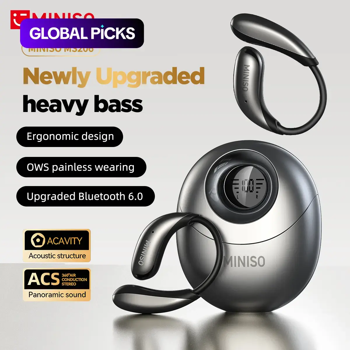 MINISO MS206 Wireless Translator Bluetooth 6.0 Earphones with App Support for 134 Languages, Earhook, Sweatproof, Fast Charging, 48-Hour Battery Life, Compatible with iOS and Android, Black #GLOBAL PICKS
