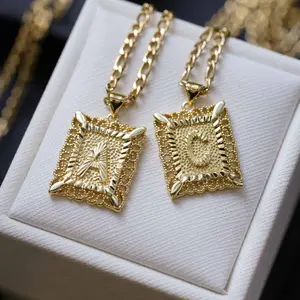 14k Gold Plated Square Lace Initial Pendant Necklace For Men & Women, Capital Monogram Chunky Jewelry Necklace Letter From A-z With Figaro Chain, Couple Accessories Commemorative Gift, Hypoallergenic, Best Gift For Her Jewellery Charms