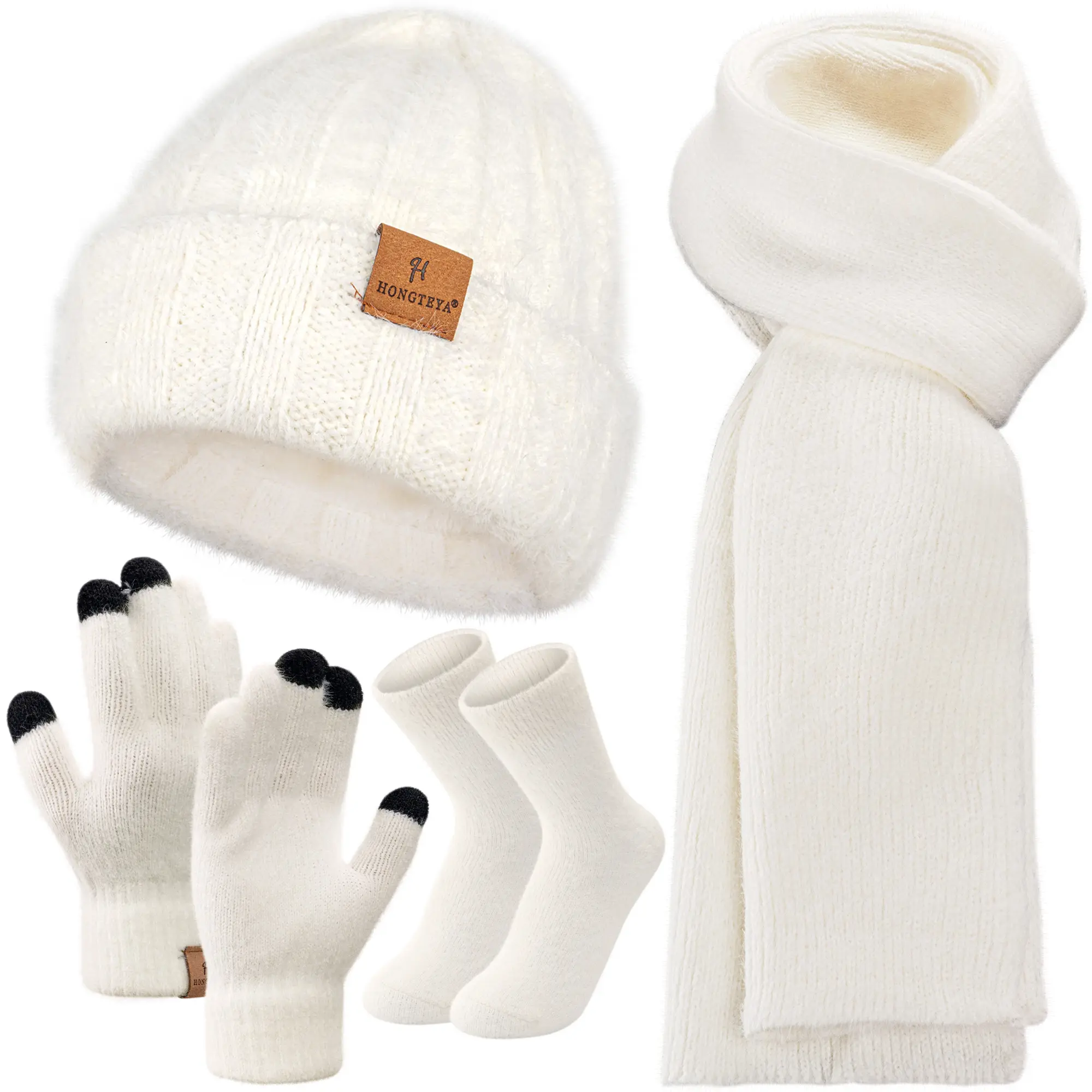 HONGTEYA 4-Piece Winter Accessory Set for Women & Men, Plain Knit Gift with Fleece-Lined Beanie, Anti-Pilling Scarf, Gloves, and Work & Hiking Boot Socks, Hiking Socks