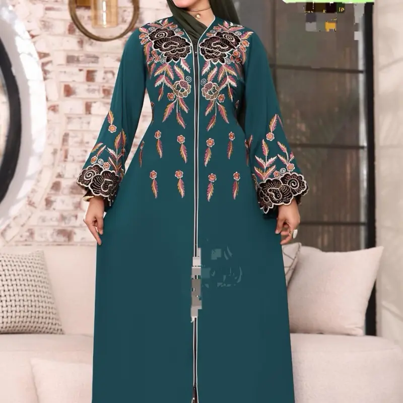 Egytian Abaya with Floral Embroidery and Gold Accents - Fashionable Women's Wear