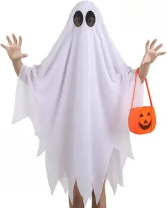 Ghost Costume for Girls 4pcs White Ghost Poncho Cape with Pumpkin Bag Accessories Halloween Cosplay Costume