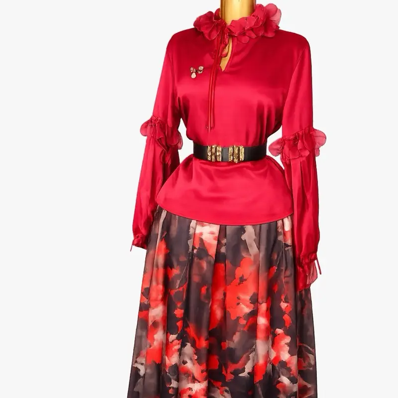 Women's Elegant Crimson Bloom Luxe 2-Piece Skirt & Top Set, Premium Fabric