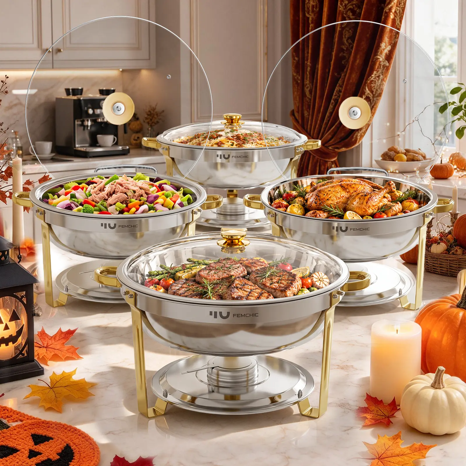 Femchic 9QT Chafing Dish Buffet Set – Stainless Steel Round Chafer Set with Glass Lid, Stackable & Smooth Rim, Dishwasher Safe, Available in Gold or Silver, for Commercial Catering, Family Gatherings, Homecoming Parties (2/4 Pack)