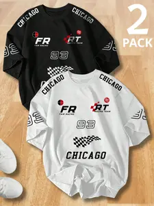 2 Pack College Style Men's Crewneck T-shirt Short Sleeve Letter and Number Print for Regular Fit Casual Daily Clothes