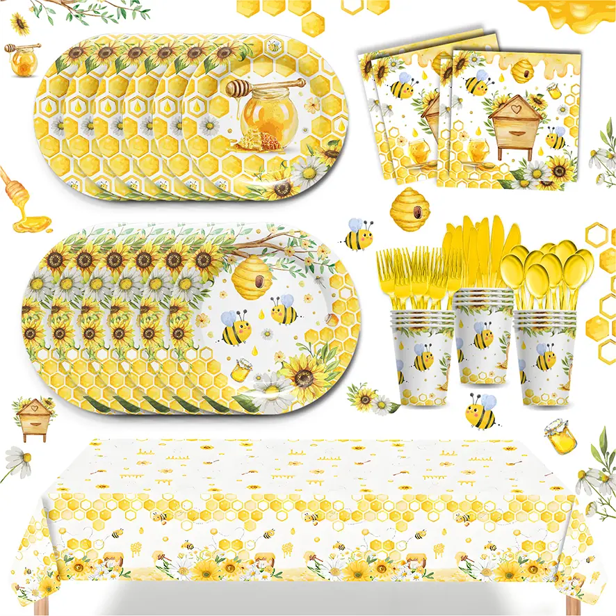 169Pcs Bumble Bee Birthday Party Supplies Set, Comes with Bee Themed Plates, Napkins, Cups, Knives, Forks, Spoons and 54×108 Inch Tablecloth. Complete Bee Theme Party Pack, Ideal Decorations for All Parties and Baby Showers