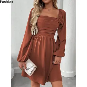 Women's Elegant Solid Color Lantern Sleeve Ruched Waist Dress, Suitable For Autumn vacation dress Casual Fabric fall dress fashion casual simple elegant fit dress Brown Polyester