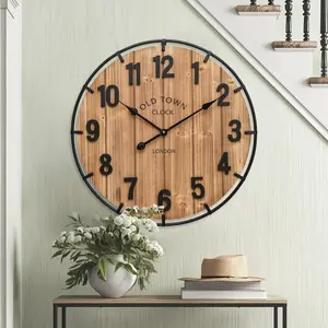 24 Inch Farmhouse Wall Clock Large Old Town  Rustic Wooden Clock with Metal Rim and Large Numerals, Silent -Operated for Office, Kitchen, Bedroom, and Living Room