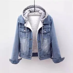 Women Denim Cost Hooded Single Breasted Button Jackets Patchwork Outerwear Cardigan Pockets High Street Warm Solid Casual loose denim jacket