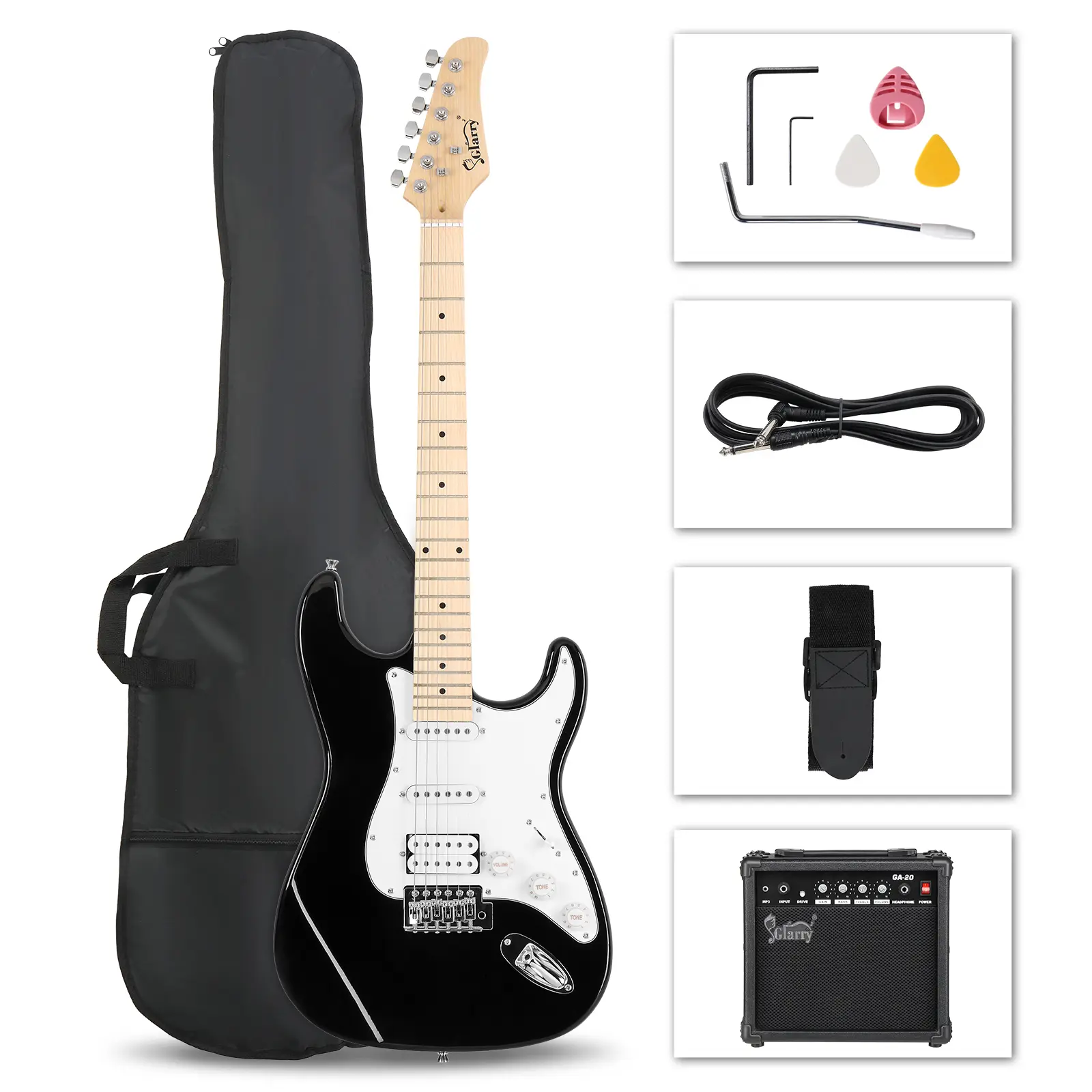 Electric Guitar Kit 39" Full Size with HSS Pickup Coil Split for Beginner 20W Amp & Accessories Pack Black Guitar Bag Included Guitar Set with Accessories string instrument beginner kit shop, Guitar Strap